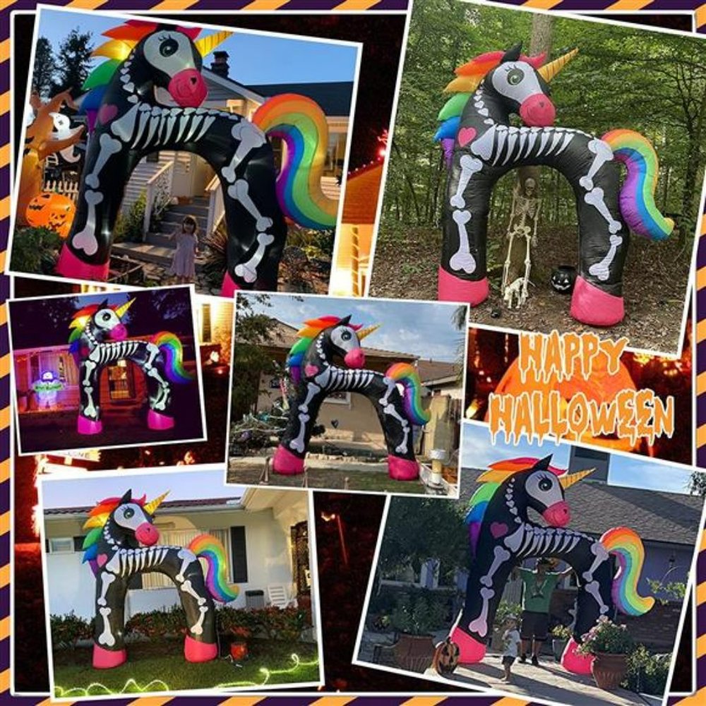 11 Ft Giant Halloween Inflatables Unicorn Arch Decorations Rainbow Skeleton - Picture 3 of 6